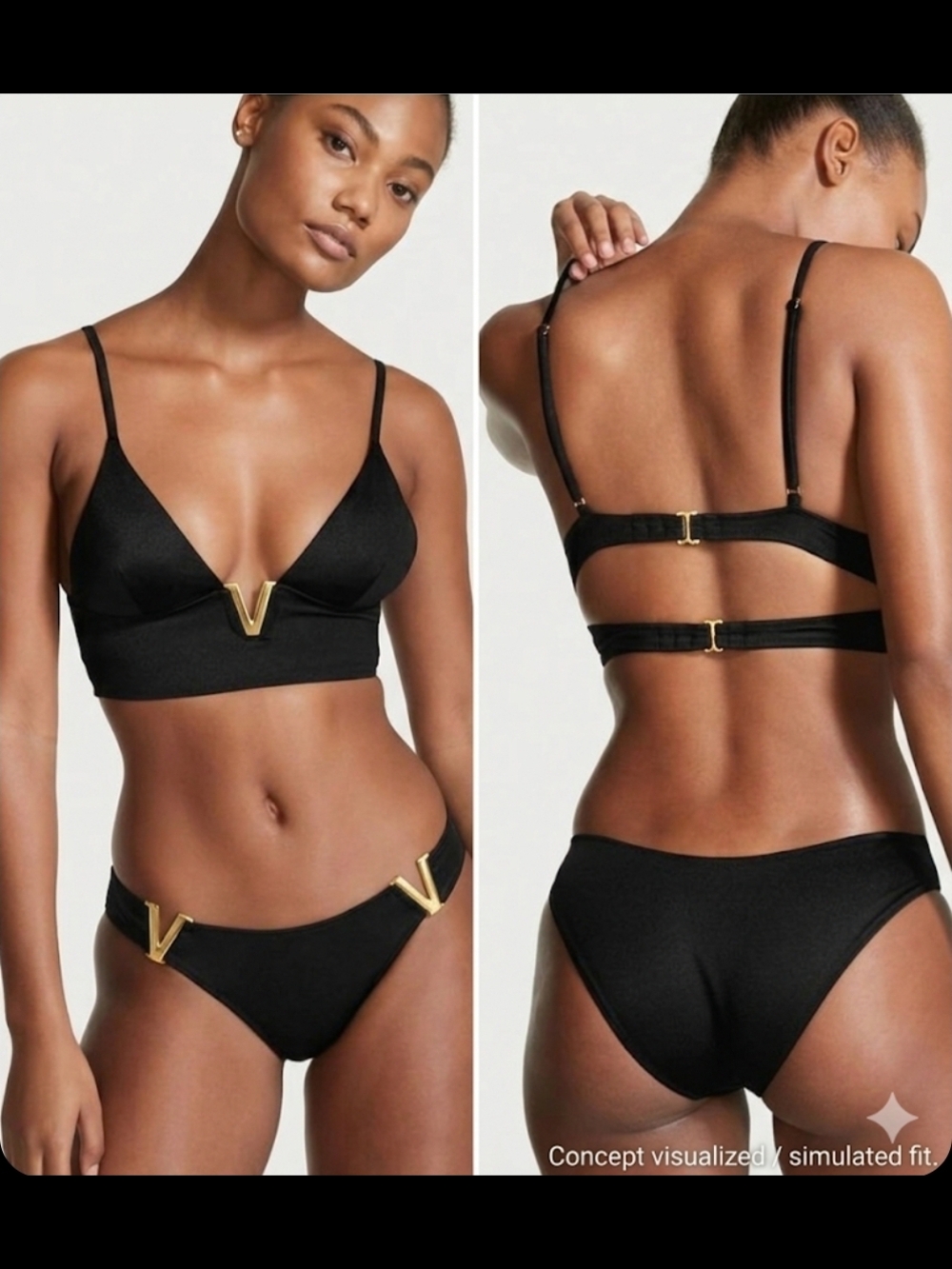 Victoria's Secret Black Plunge Triangle Bikini Set With Gold V Detail
